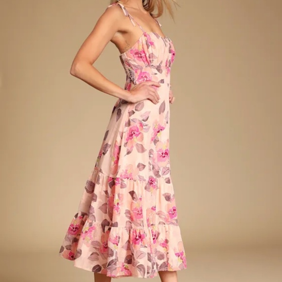 Lulus Tea Party Chic Pink Floral Tiered Midi Dress - Picture 1 of 7